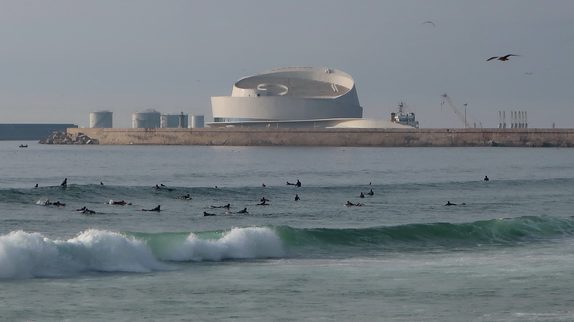 Cruise terminal of Porto with a lot of surfers