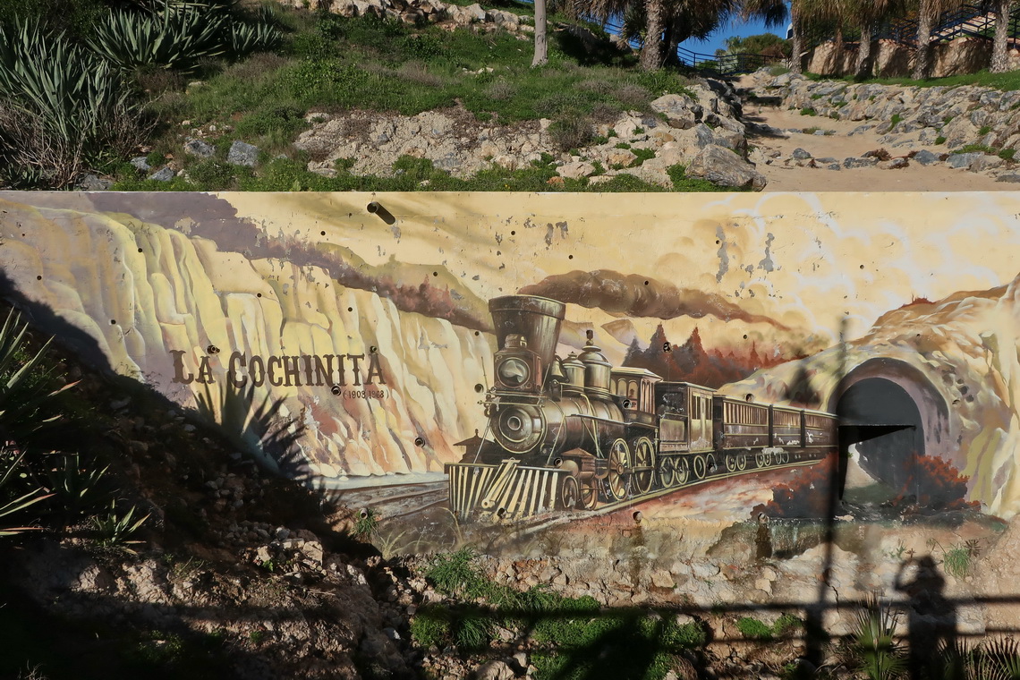Mural of an old train close to Mirador Rincón de la Victoria