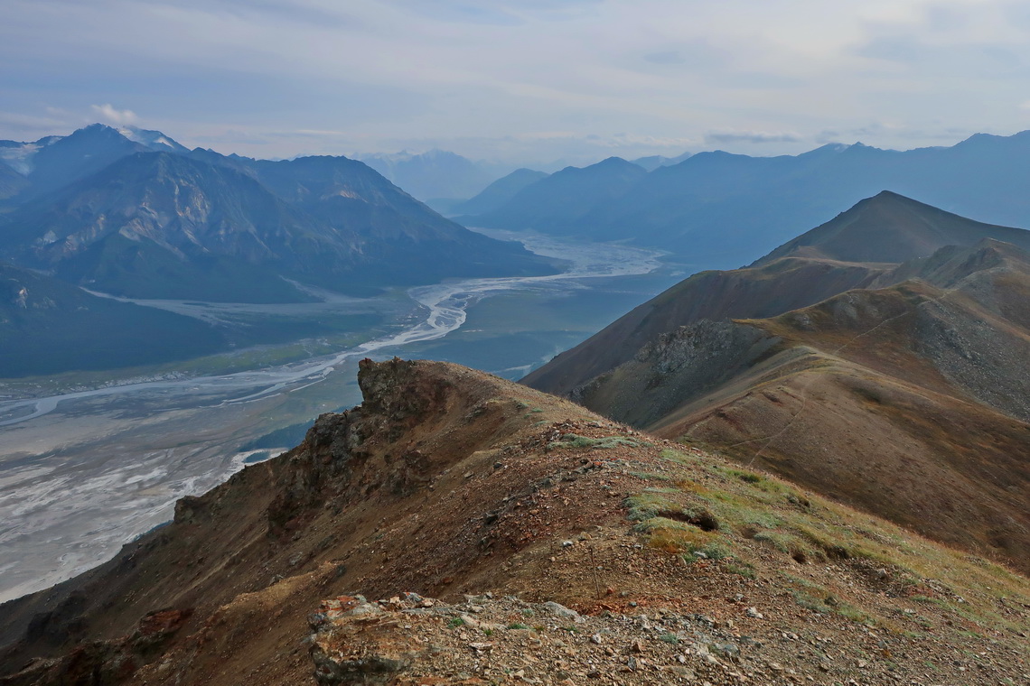 View from the main summit of Sheep Mountain to Slim River which flows into Kluane Lake