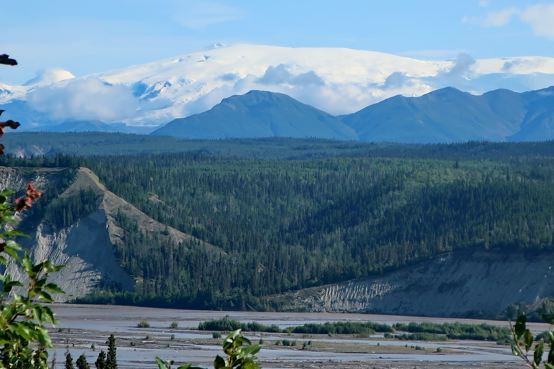 4317 meters high Mount Wrangell seen from Edgerton Highway (street to Chitina)