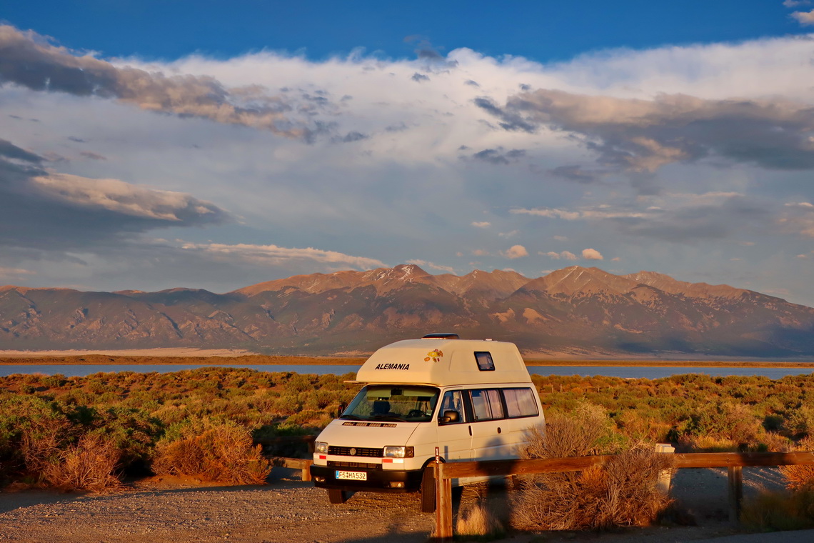 Sunset on the free campsite on San Luis Lake with Sangre de Cristo Mountains in the background