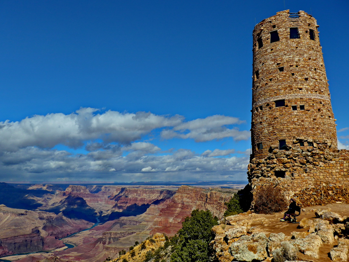 Historic Desert View Tower with Colorado River and eastern Grand Canyon