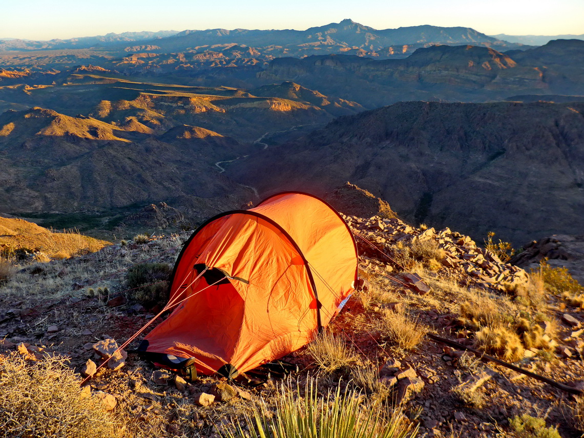 Our tent with Superstition Wilderness at sunrise