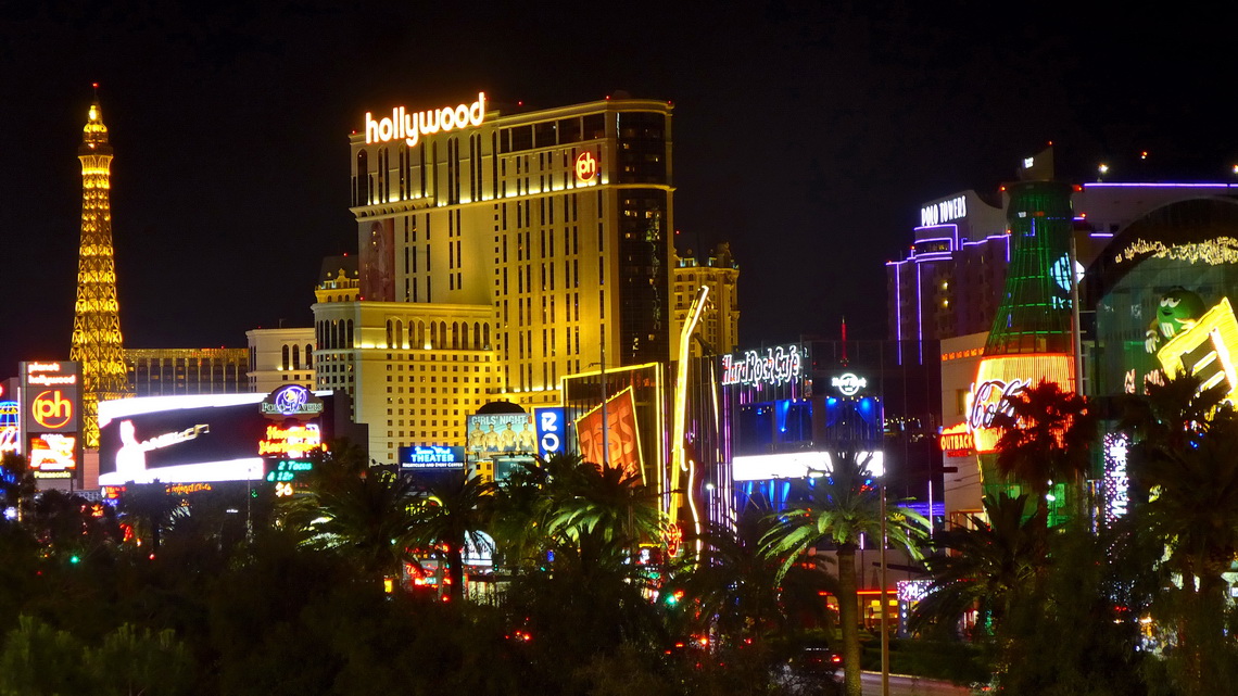 Southern Strip at night with Eiffel Tower on the left