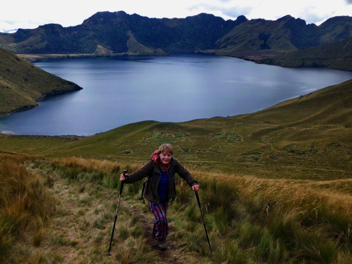 Hiking to Pico Fuya Fuya with Laguna de Mojanda in the background