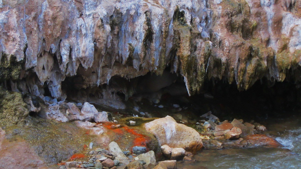 Stalagmites under the natural bridge Puente del Diablo