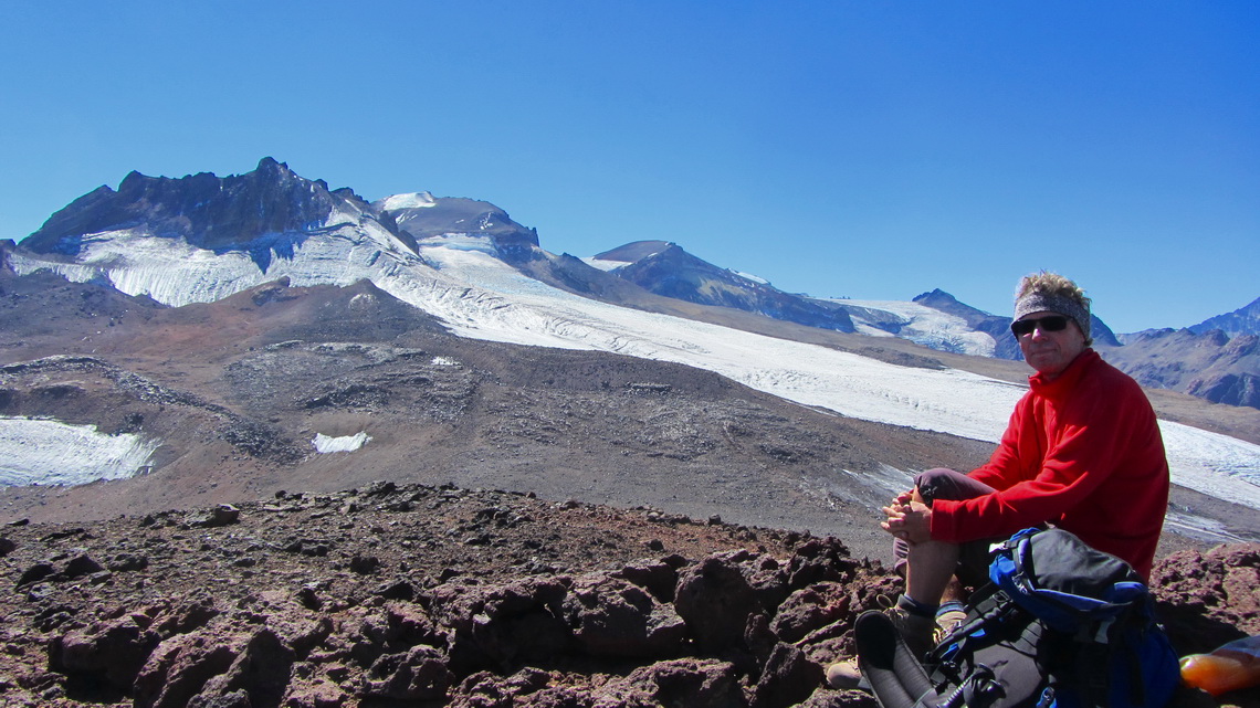 View to icy mountains Azufreras and Fray Carlos, Volcan Tinguiririca in the center