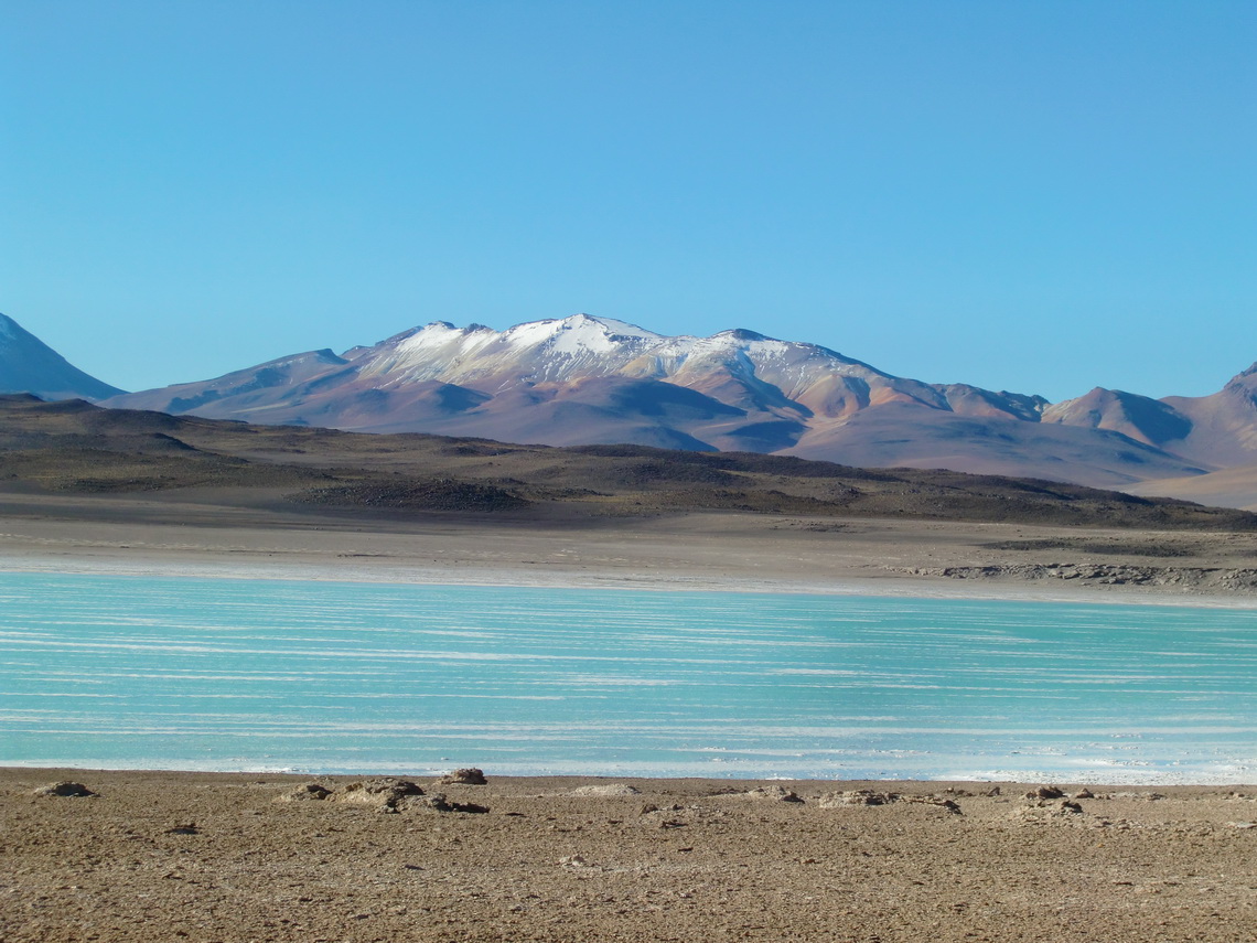 Colorful Laguna Verde with snowy mountains