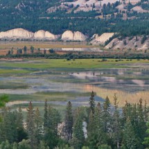 Columbia River with white limestone rocks at sunset